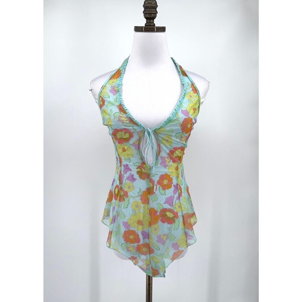 Savage X Fenty Free Spirit Pastel Floral Halter Mesh Teddy Bodysuit Sz XL